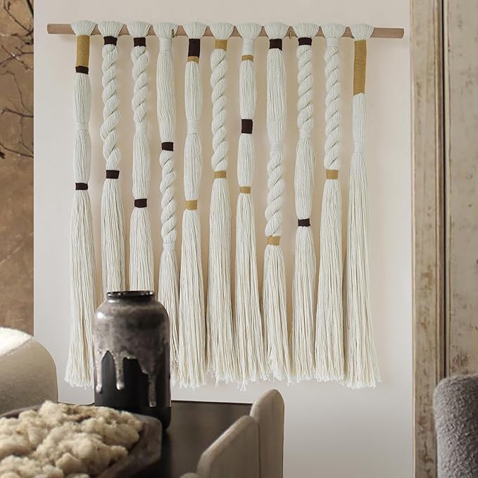 Flber Macrame Wall Hanging Woven Knot and Tassel Fringe Handmade Boho Wall Art for Bedroom, Living Room, or Entryway Decor 27" W x 29" L