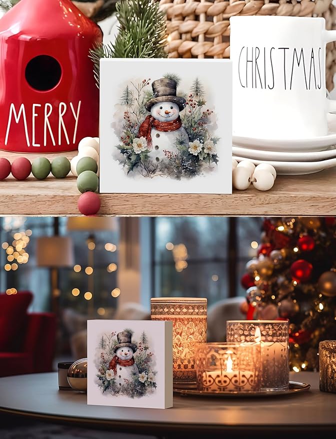Vintage Christmas Snowman Wooden Box Sign,Farmhouse Winter Christmas Wood Signs for Home Office Desk Shelf Table Decor,Snowman Decorations,Winter Decorative Signage,5x5 Inch