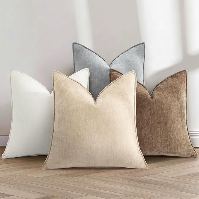 decorUhome Spring Couch Euro Sham Throw Pillow Covers 24x24 Set of 2, Decorative Soft Velvet Neutral Chenille Pillow Covers with Elegant Design for Sofa Bed Living Room Home Decor, Brown
