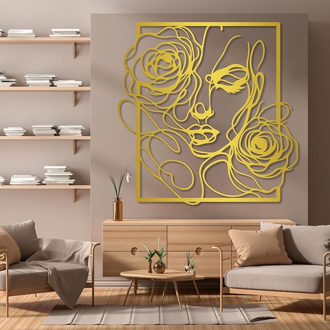 Trpiox Abstract Woman Face Flower Metal Wall Art, Minimalist Woman Flower Metal Wall Decor, Women Face Wall Decor for Living Room, Bedroom, Office(Gold,39" Hx39 W/100x100cm)