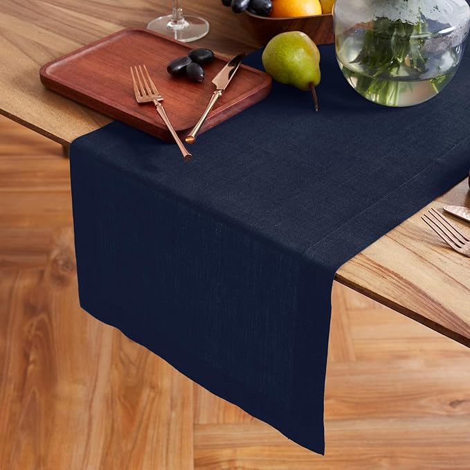 Solino Home 100% Pure Linen Table Runner 36 Inches - Indigo Navy 14 x 36 Inch for Dresser and Coffee Tables, Winter, Easter - Sonoma Collection