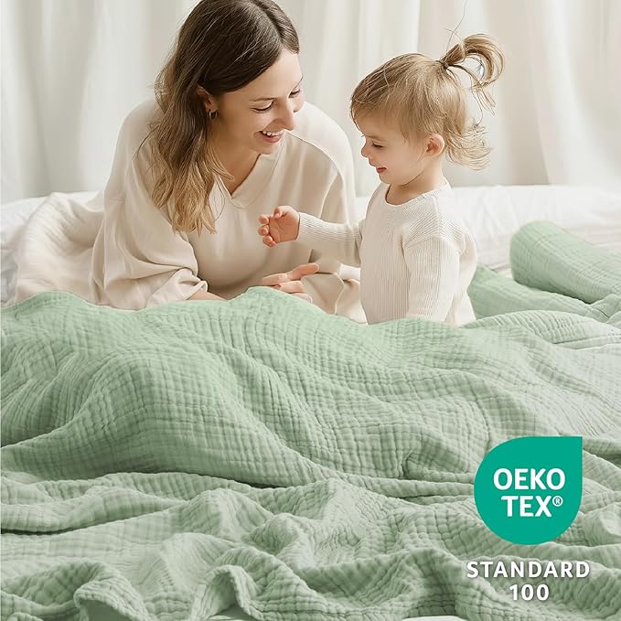 100% Cotton Muslin Blanket 50" x 60", Breathable and Lightweight Cotton Throw Blankets for Couch, Soft Cooling Summer Gauze Blanket for Adults All Season, Sage Green