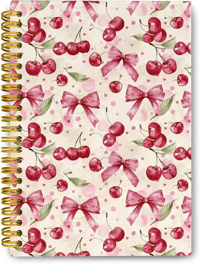 Coquette Pink Bow Cherry Spiral Notebook for Women Girls, Vintage Journaling Notebooks, Cute Pink Notebook Journal, Pink Office Supplies, Hardcover Spiral Lined Notebook 5.5 x 8.3