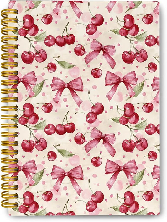 Coquette Pink Bow Cherry Spiral Notebook for Women Girls, Vintage Journaling Notebooks, Cute Pink Notebook Journal, Pink Office Supplies, Hardcover Spiral Lined Notebook 5.5 x 8.3