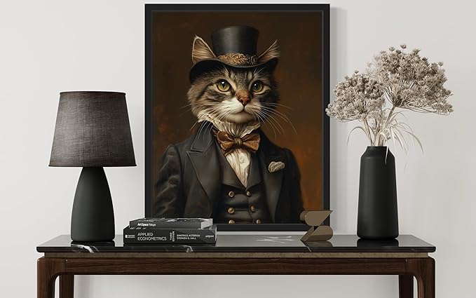 Victorian Cat Art Poster Print, Cat Kitten Painting Humor Portrait Pet Artwork Decor Gallery A8 (11 x 14 inches, Black Frame)