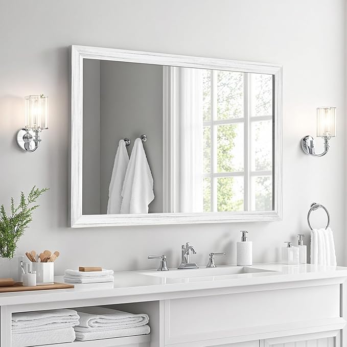 White Wood Effect Framed Wall Mirror, 24x36 Rectangle Mirror, Anti-desilvering Tempered Glass, Sustainable& Sturdy Frame, Anti-Rust, HD Reflection &3min Fast Setup for Bathroom Living Room