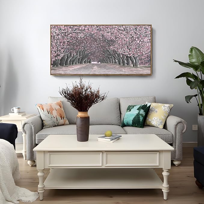 Nicetop Framed Canvas Wall Art – Pink Cherry Blossom Tree Tunnel Canvas Print Romantic Floral Landscape Artwork Abstract Forest Picture for Bedroom Living Room Girls Women Wall Decor Large Size 48x24 Inch