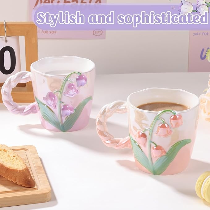 Yoiemivy 2 Pack Cute Coffee Mugs 3D Flower Ceramic Mugs 13 oz Aesthetic Floral Cups Christmas Birthday Gifts for Women Friends Family Flower Lovers