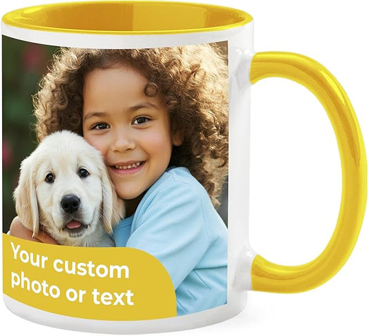 Personalized Mug, Custom Ceramic Mug with Photo and Text, 11oz, Pack of 20, Glossy Coffee Cup, Perfect for Christmas, Secret Santa or as Holiday Gift for Family or Friends, White/Yellow