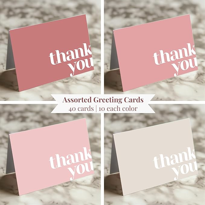 Paper Play Thank You Cards Bulk Pack of 40 Pink, 5x3.5 Inches with Matching Stickers & Envelopes, Minimalistic Design Suitable for Business, Baby Shower, Wedding, Small Business, Graduation, Funeral