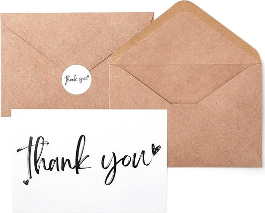 100 Thank You Cards 4x6 Inch, with 100 Kraft Envelopes and 120 Stickers, Minimalistic and Professional Looking for Business Wedding Graduation Baby Shower Bridal Shower