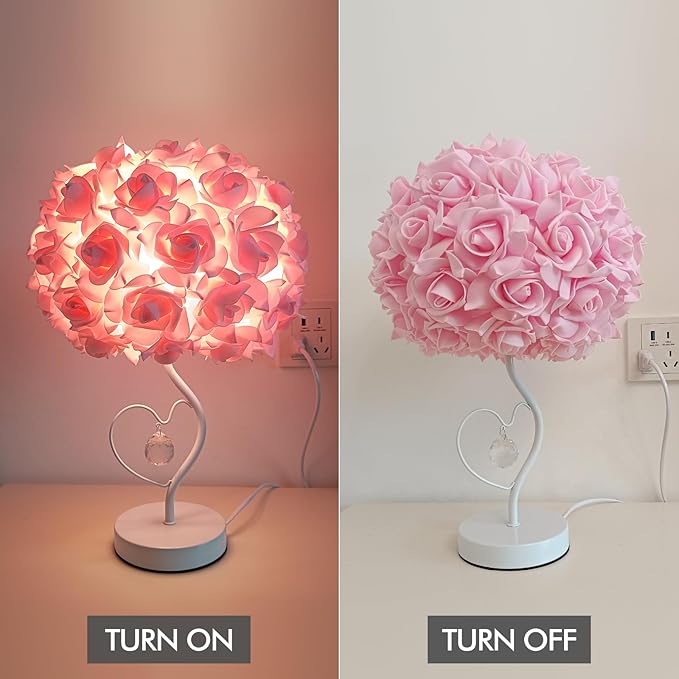 Pink Rose Flower Lamp Romantic Bedside lamp Princess Table Flower Lamp for Nightstand Desk Light for Bedroom Women Girl Dating Christmas Gift Party Wedding Decor Living Room Office