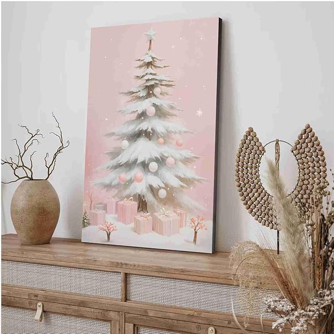 Canvas Wall Art Pink Christmas Tree Wall Art Print Holiday Poster Trendy Christmas Decor 28x40in-UnFramed