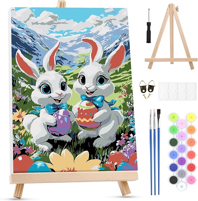 MXJSUA Easter Framed Paint by Numbers for Adults Beginners, Easy Adults' Paint-by-Number Kits on Canvas with Easel, White Bunnies Acrylic Number Painting Crafts Kits Gifts for Home Decor, 8x12inch