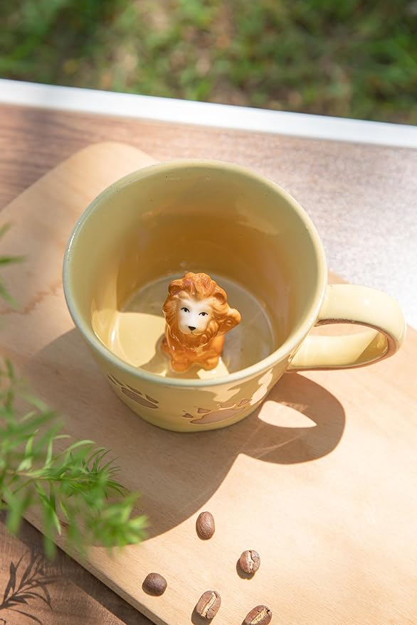 DIHOclub Lion Coffee Mug Ceramic 3D Wild Animal Inside Cup,Cute Cartoon Handmade Figurine Mugs,Holiday and Birthday Gift for Coffee Milk Tea Lovers,12 OZ (Yellow Lion)