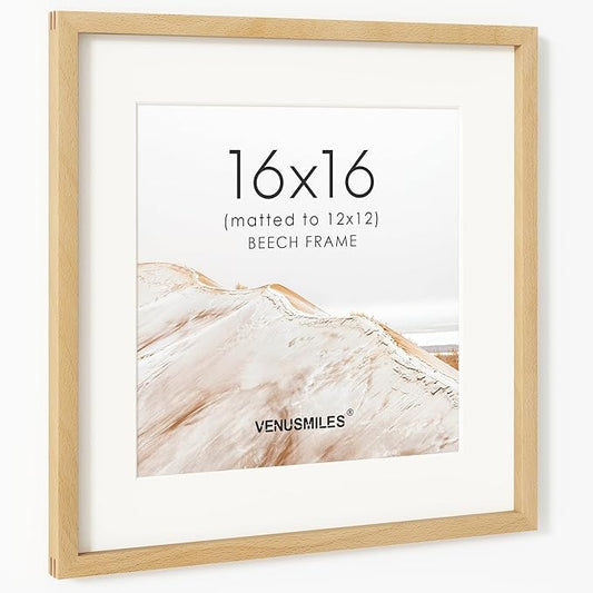 16x16 Picture Frame, USA-Sourced Natural Beech Wood Photo Collage Frame with HD Tempered Glass, Modern Simple 16 x 16 Wooden Frame Matted to 12x12, Gallery Wall Frames for Art