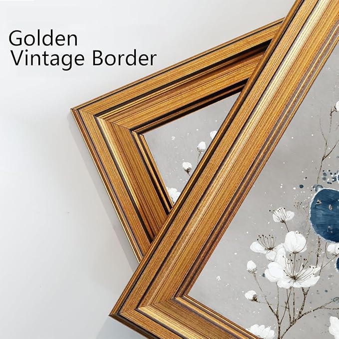 okudolit Gold Framed Navy Blue Butterfly Canvas Wall Art Print White Flower Botanical Painting Boho Neutral Insect Gray Vintage Moth Artwork Wall Decor for Living Room Bedroom Bathroom 8x10in