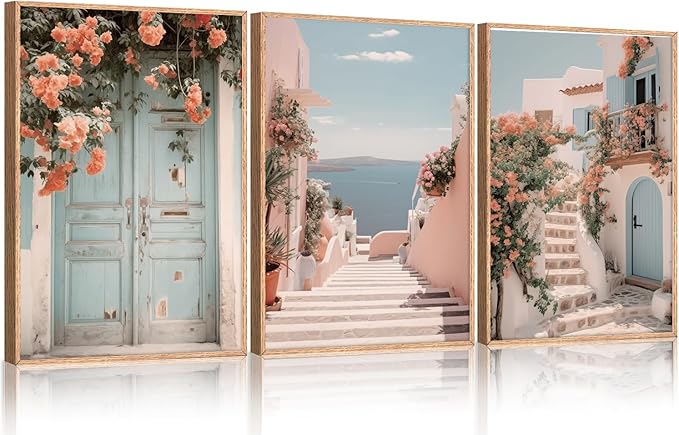 KAIRNE Italy Coast Cityscape Framed Canvas Wall Art Set, Neutral Italian Countryside Wall Decor, Aegean Santorini Landscape Wall Painting, Florida Beach Art Prints for Living Room, Bedroom 16"x24"x3