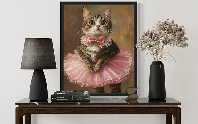 Ballerina Cat Art Poster Print, Cat Kitten Painting Humor Portrait Pet Artwork Decor Gallery A8 (Ballerina Cat, 8 x 10 inches, Black Frame)