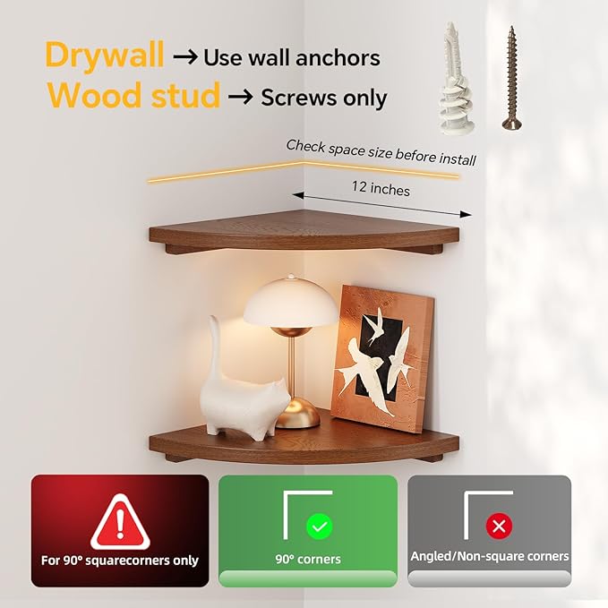 Floating Corner Shelves Walnut 12", Solid Oak Wall Mounted Wooden Display Storage Rack with Wire Hole for Plants, Photos, Speakers, Bedroom, Kitchen, Living Room Décor - 2-Pack
