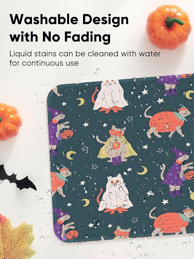 Seorsok Halloween Funny Cat Mouse Mat,Pumpkin Decor Mouse Pads for Office Laptop,Washable Square Mousepads with Extended Stitched Edges Non Slip Rubber Base 9.5"x7.8"x0.12" Inch,Dark Green