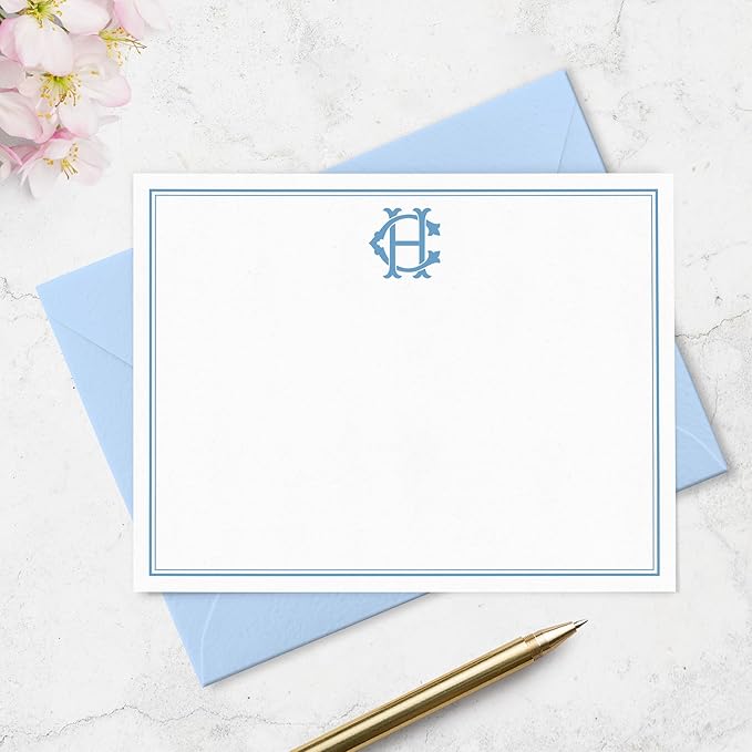 Fairmont & Grove Chic Interlocking 2 Letter Monogram Note Card and Envelope Stationery Set, Classic Monogrammed Personalized Stationary in Choice of Set Size and Colors (Monogram with Double Border)