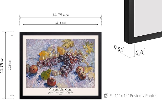 Monem Art Vintage Van Gogh Poster - Retro Grapes Lemons Pears and Apples Print - Impressionism Art - Fruit Art - Fine Art - Classic Painting Art - Great Kitchen Decor - 11x14 Black Framed