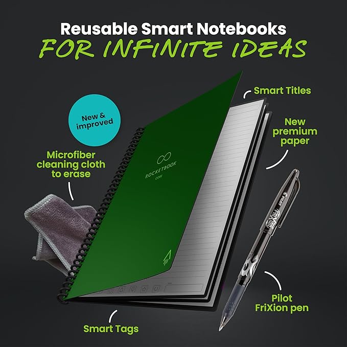 Rocketbook New Core Reusable Spiral Notebook, Letter Size 8.5x11, Green - Lined Pages, App-Connected, Erasable, Durable Cover, Ideal for School, Work, and Creative Projects