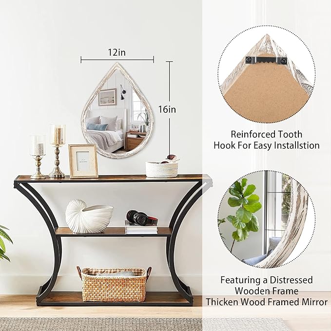Small Decorative Teardrop Mirror - Rustic White Wood Frame - Farmhouse Hanging Mirror for Wall, Bathroom, Living Room, Entryway, Hallway