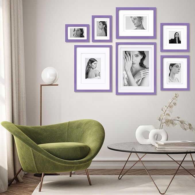 Egofine 8x8 Picture Frame 4PCS, Made of Solid Wood Covered by Plexiglass Display 4x4/6x6 with Mat or 8x8 without Mat, for Table Top Display and Wall Mounting Photo Frame, Purple