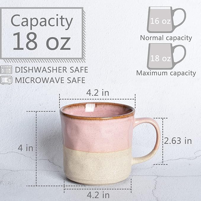 Bosmarlin Large Ceramic Coffee Mug, Pink Big Tea Cup for Office and Home, 18 Oz, Dishwasher and Microwave Safe, 1 PCS (Pink, 1)