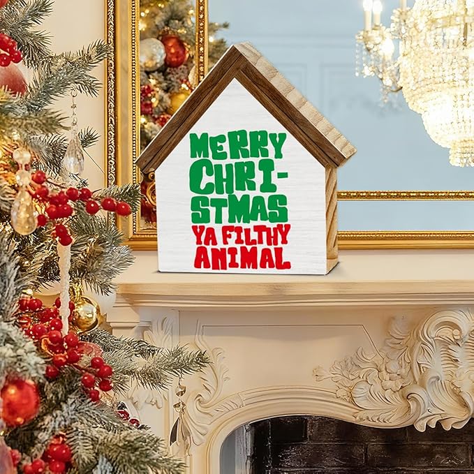 Funny Christmas Decor, Merry Christmas Ya Filthy Animal House Shaped Wood Sign, Xmas Decorations for Farmhouse Home Office