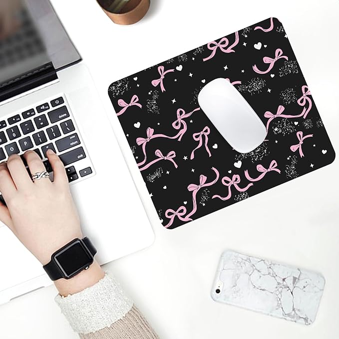 Seorsok Square Aesthetic Ribbon Bows&Shining Stars and Love Mouse Mat,Premium Textured Mouse Pads for Office Laptop,Washable Square Mousepads with Extended Stitched Edges Non Slip Rubber Base,Black