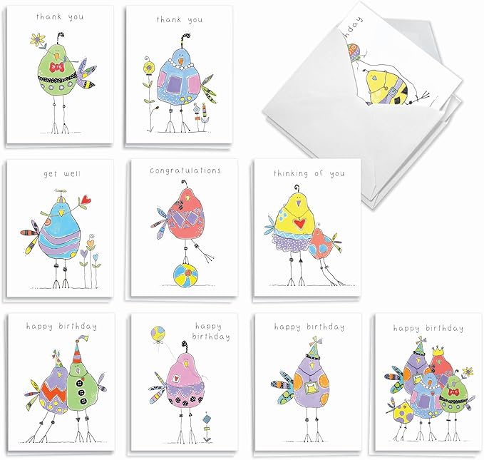 The Best Card Company - 20 Mixed Occasion Note Cards (4 x 5.12 Inch) - Assorted Boxed Cards for Multiple Occasions (10 Designs, 2 Each) - Wordy Birdies AM3176XXB-B2x10