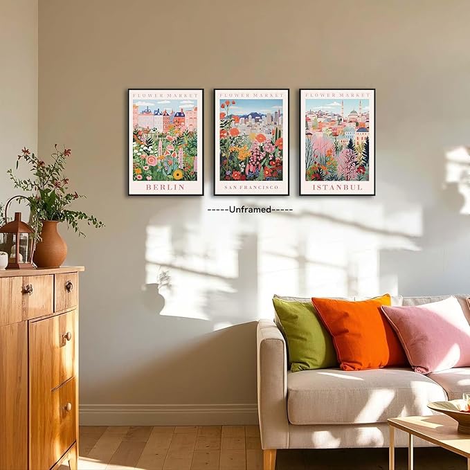 XLARTMY Flower Market Wall Art Prints Canvas Orange and Pink Floral Paintings Colorful Botanical Travel Flower Posters for Home Decor Pictures Set of 3 for Living Room Bedroom 16x24in Unframed