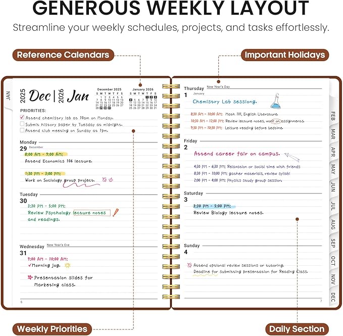 2026 Planner, Weekly and Monthly Calendar Planner for Women, Jan 2026 - Dec 2026, Hardcover Planning Agenda book with Tabs, Spiral Bound, Inner Pocket, Perfect for School Office Supplies, 8.5" x 11" - Rust Brown