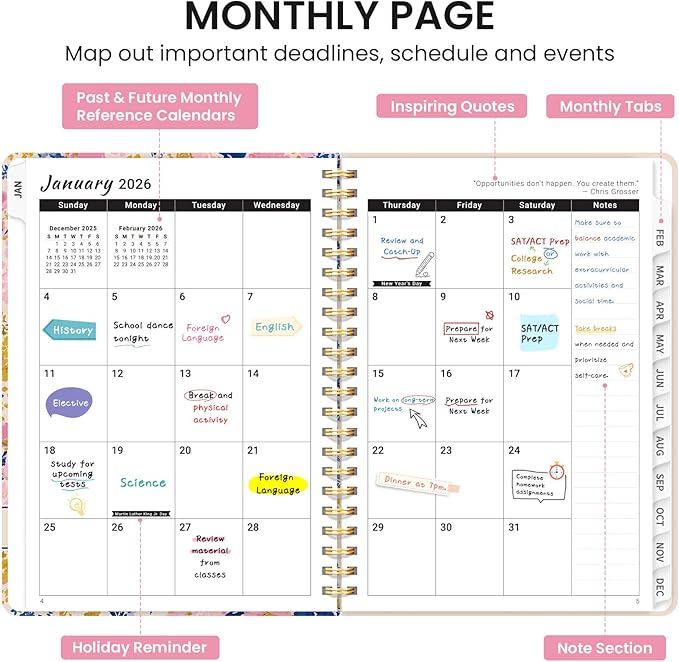 2026 Planner, Weekly and Monthly Calendar Planner for Women, Jan 2026 - Dec 2026, Hardcover Planning Agenda book with Tabs, Spiral Bound, Inner Pocket, Perfect for School Office Supplies, 6.3" x 8.5" - Blooming Meadow