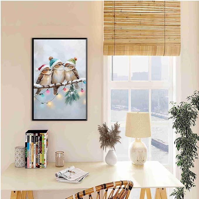 Framed Canvas Wall Art Christmas Birds Winter Art Print Wall Art Holiday Poster Trendy Christmas Decor 24x36in Metal blackFramed