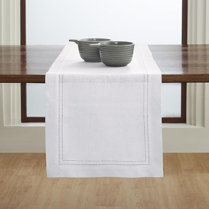 Solino Home Linen White Table Runner 108 Inches Long - 100% Pure Linen Double Hemstitch 14 x 108 Inch Table Runner for Dining, Valentines, Spring, Easter