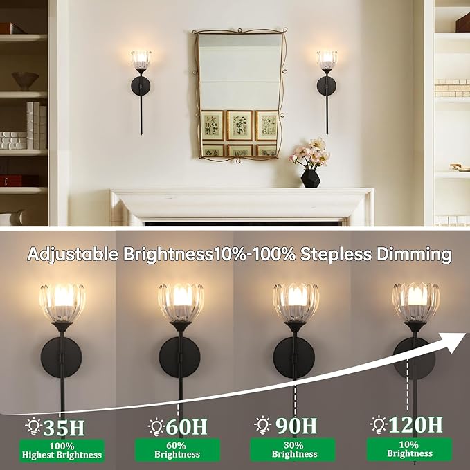 Battery Operated Wall Sconce Set of 2, Clear Tulip Vintage Wall Light Fixture Rechargeable 5000mAh Battery Powered Wall Lamp with Remote for Living Room Bathroom, Black