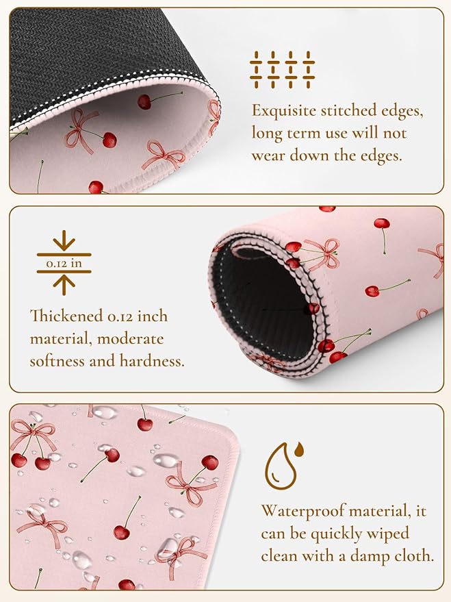 Cute Cherries Mouse Pad, Waterproof Aesthetics Bowsknot Mouse Pads Design, Non-Slip Rubber Base Computer Simple Funny Mousepad,Small Mouse Mat Desk Accessories Office Supplies,Red Cherry Pink