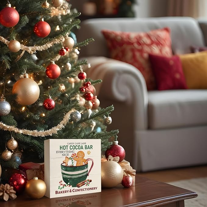 Christmas Gingerbread Decorations Wooden Box, Mini Coco Wood Sign, Hot Cocoa Bar Sign, Gingerbread Christmas Decor for Kitchen Home Table Desk, 5x5