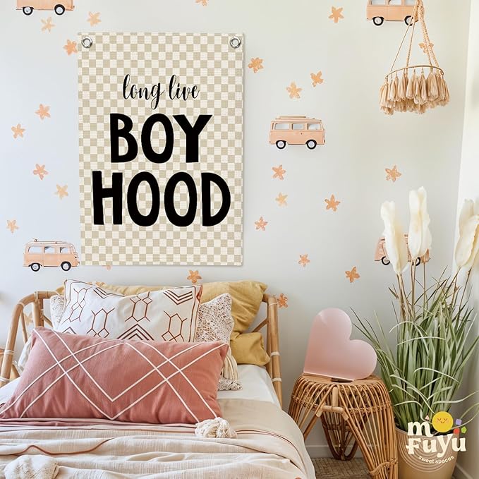 Boys Room Decor,Boys Room Wall Decor Hanging Flag Decor for Toddler Nursery,Playroom,Bedroom,Long Live Boyhood Canvas Banner 18x25 Inch