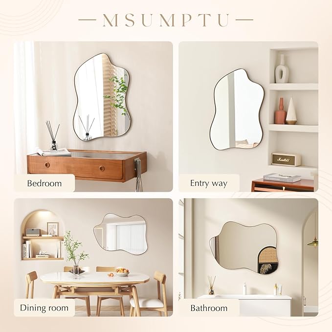Irregular Wall Mirror Brass Wave Shaped Metal Framed Wall Mirror for Bathroom Bedroom Entryway Living Room Wall Decor 24" L x 18" W 2305B