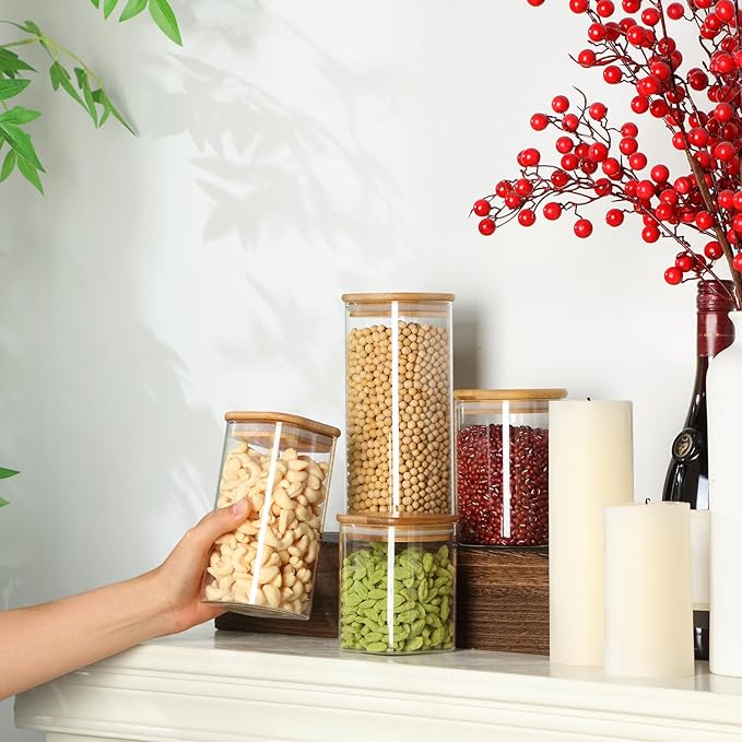 12 Pcs Glass Storage Jars with Bamboo Lids 4 Size Glass Storage Containers Pantry Food Containers Clear Airtight Square Jars for Candy Cookie Kitchen Sugar Pasta Nuts Pantry Organization