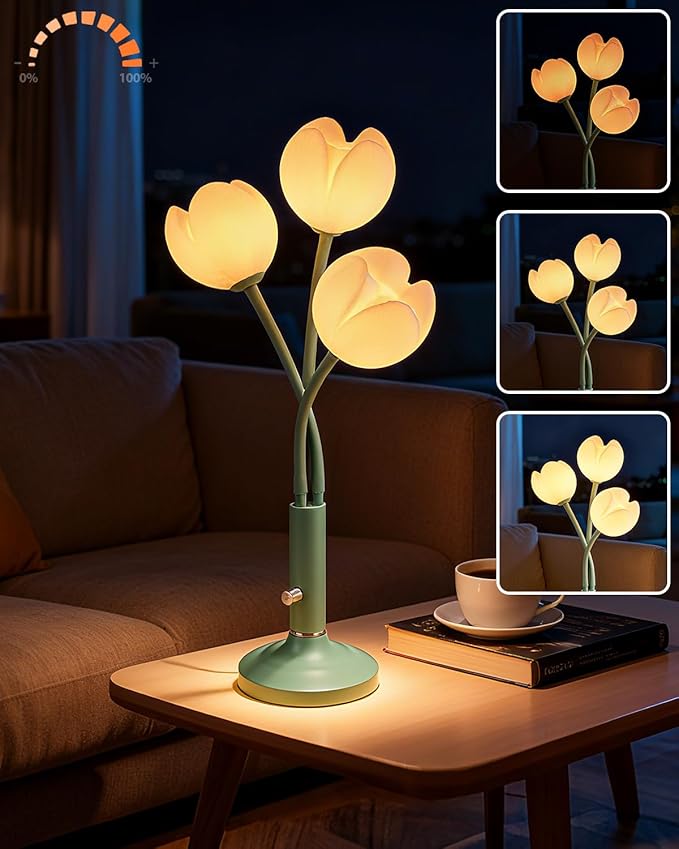Lightdot Vintage Flower Table Lamp, Green Small Cute Bedside Lamp with Adjustable Gooseneck& Bulbs, 3000K Warm Light Dimmable Desk Lamps Nightstand Light for Bedroom Living Room