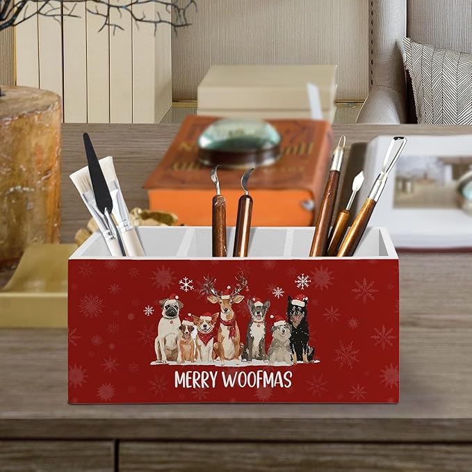 Dog Christmas Pen Pencil Holder Organizer for Desk Accessories, Merry Woofmas Christmas Wooden Box Sign Desk Decor for Home Office Decoration, Dog Mom Dad Lovers Gifts for Women Men