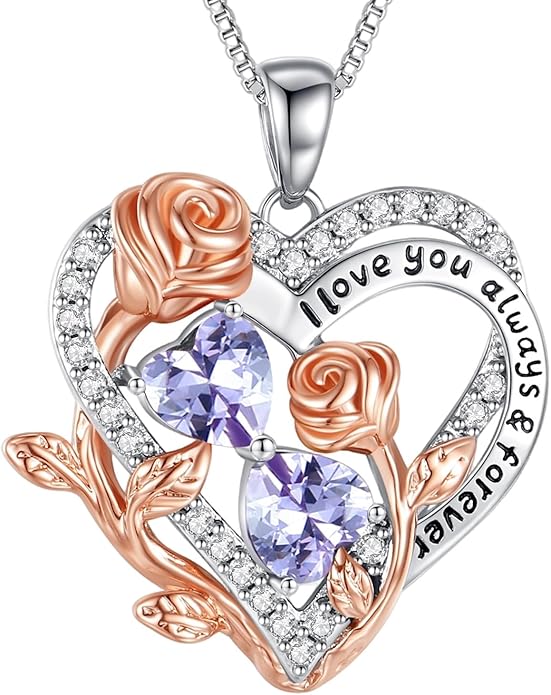 I Love You Birthstone Necklace, 925 Sterling Silver Heart Pendant with CZ Diamond Stones, Birthday Gifts for Women, Romantic Gift for Wife, Girlfriend, Her, Anniversary, Valentine's Day, Christmas