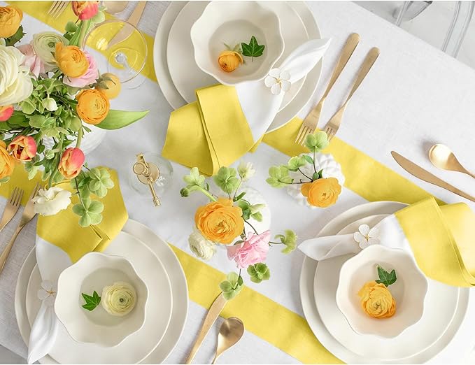 Solino Home Linen Table Runner 36 Inches - 100% Pure Linen Sunshine Yellow and White Table Runner 14 x 36 Inch Ideal for Dresser and Coffee Tables, Spring, Easter - Contempo