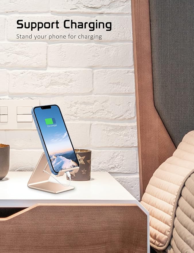 Phone Stand, Aluminum Phone Holder for iPhone 16 15 14 13 12 11 X 8 7 6 Plus 5, Tablet, Samsung, Huawei, Suitable for All Smartphones, Adding a Touch of Style to Your Office Decor, Gold